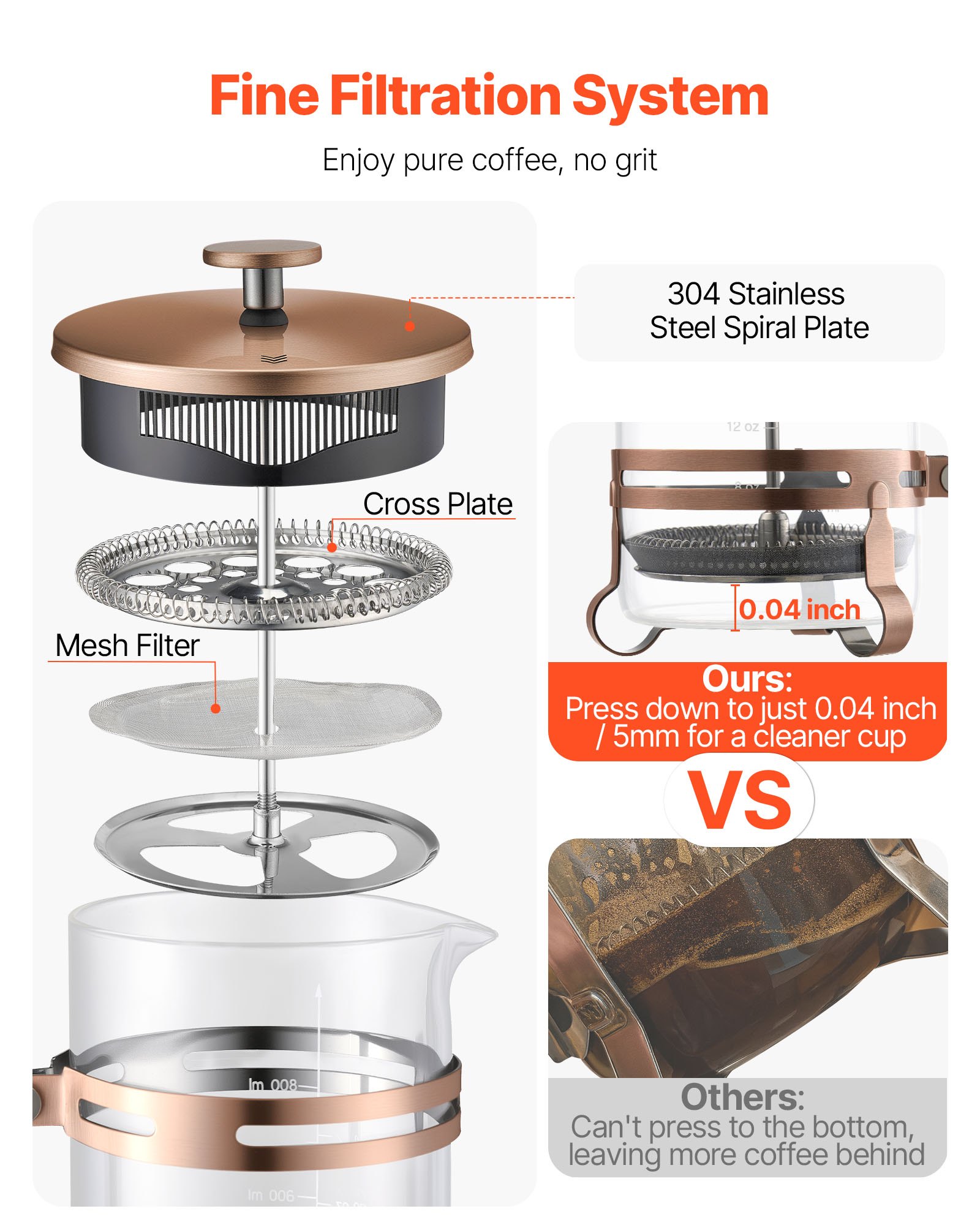 VEVOR French Press koffiezetapparaat, 1 liter koffiepers van borosilicaatglas, theezetapparaat met roestvrijstalen filter, koffiezetapparaat voor kamperen, reizen, keuken, restaurant, koffiezetapparaat koper (kleur)