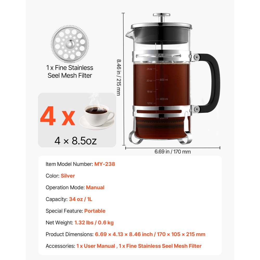 VEVOR French Press koffiezetapparaat, 1 L koffiepers van borosilicaatglas, theezetapparaat met roestvrijstalen filter, koffiezetapparaat voor kamperen, reizen, keuken, restaurant, zilverkleurig koffiezetapparaat