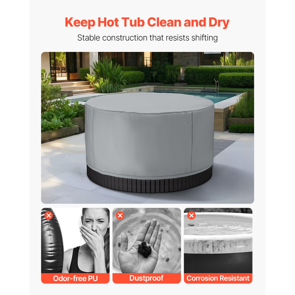 VEVOR Outdoor Hot Tub Cover, 79 x 33 in / 2000 x 850 mm Weatherproof & Waterproof Hot Tub Cover Protector, 420D Heavy Duty Oxford Fabric and 950N Tearing Strength, Round Spa Covers for Hottub, Gray