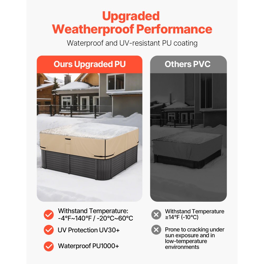 VEVOR Outdoor Hot Tub Cover, 85x85x20in/2160x2160x508mm Weatherproof & Waterproof Hot Tub Cover Protector, 600D Heavy Duty Oxford Fabric and 950N Tearing Strength, Square Spa Covers for Hottub, Brown