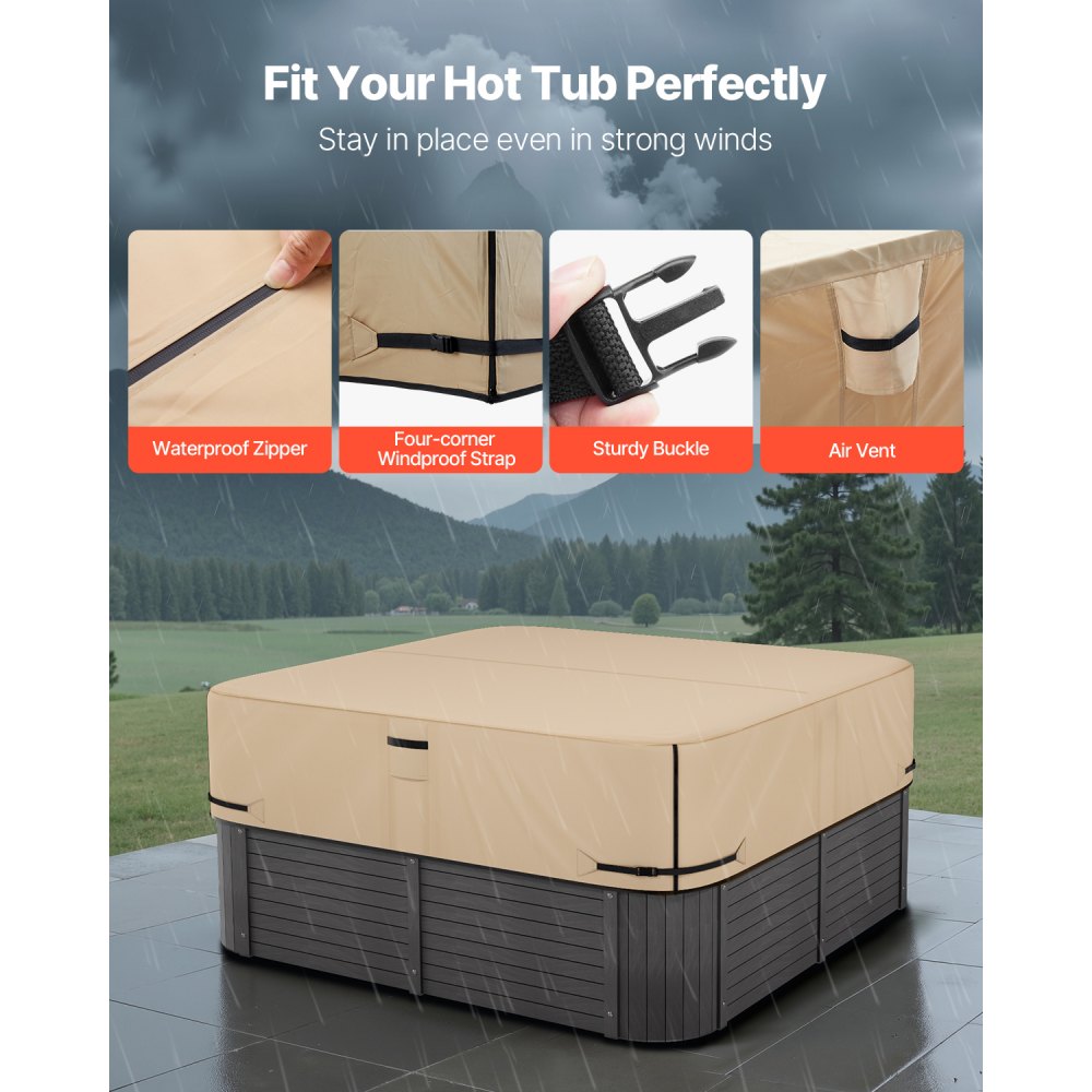 VEVOR Outdoor Hot Tub Cover, 85x85x20in/2160x2160x508mm Weatherproof & Waterproof Hot Tub Cover Protector, 600D Heavy Duty Oxford Fabric and 950N Tearing Strength, Square Spa Covers for Hottub, Brown