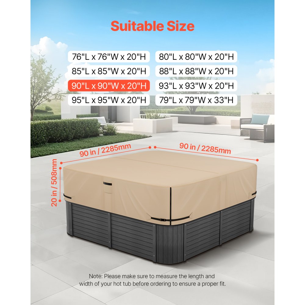 VEVOR Outdoor Hot Tub Cover, 90x90x20in/2285x2285x508mm Weatherproof & Waterproof Hot Tub Cover Protector, 600D Heavy Duty Oxford Fabric and 950N Tearing Strength, Square Spa Covers for Hottub, Brown