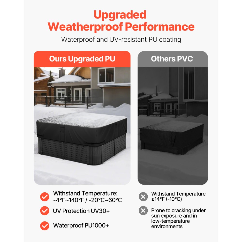 VEVOR Outdoor Hot Tub Cover, 85x85x20in/2160x2160x508mm Weatherproof & Waterproof Hot Tub Cover Protector, 600D Heavy Duty Oxford Fabric and 950N Tearing Strength, Square Spa Covers for Hottub, Black