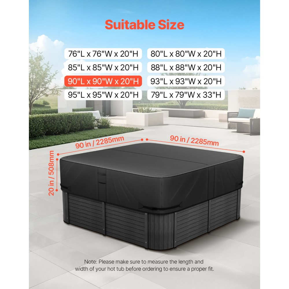 VEVOR Outdoor Hot Tub Cover, 90x90x20in/2285x2285x508mm Weatherproof & Waterproof Hot Tub Cover Protector, 600D Heavy Duty Oxford Fabric and 950N Tearing Strength, Square Spa Covers for Hottub, Black
