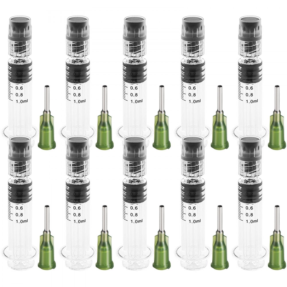 VEVOR Borosilicate Glass Luer Lock Syringe, 1mL, 100 Pcs Reusable Glass Syringes with 14 Ga Blunt Tip Needles, for Lab, Vet, Art, Craft, Thick Liquids, Oil, Gel, Glue, Ink, Non Hypodermic