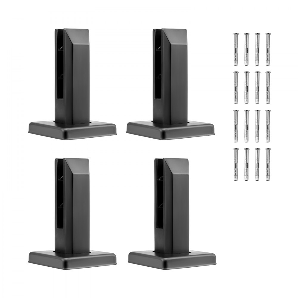 four black VEVOR glass railing bracket sets with screws arranged in a grid.