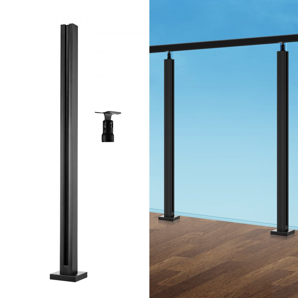 black VEVOR glass clamp post and floor-mounted glass railing on wooden floor with blue sky in background.