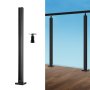 black VEVOR glass clamp post and floor-mounted glass railing on wooden floor with blue sky in background.