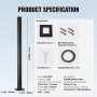 VEVOR glass clamp specification sheet showing dimensions, material, and included accessories.