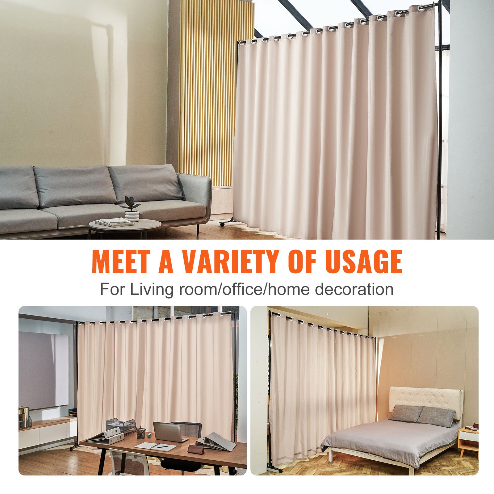 VEVOR Room Divider, 8 ft x 10 ft Portable Panel Room Divider with Wheels Curtain Divider Stand, Room Divider Privacy Screen for Office, Bedroom, Dining Room, Study, Khaki