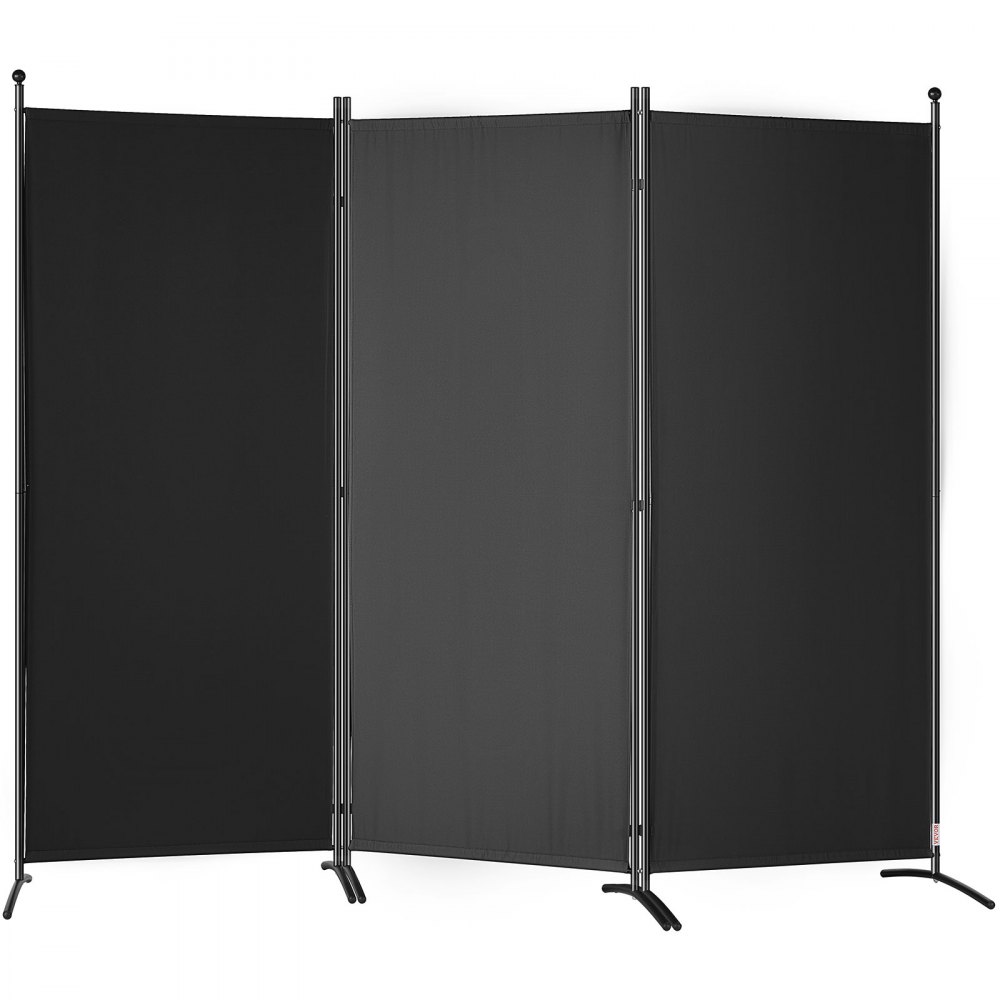 three-panel black fabric VEVOR room divider with sturdy metal frame and stable tripod base design.