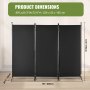 VEVOR room divider, black three-panel with dimensions 89"x20.3"x72.8" standing in a modern room.