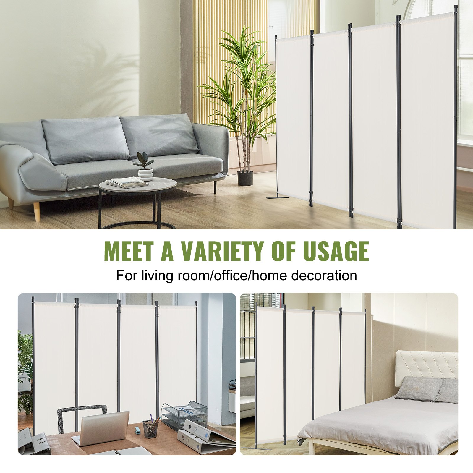VEVOR Room Divider Scheidingswand 4-delig scherm Vouwscherm voor kantoor Slaapkamer Eetkamer Studeerkamer Balkon Vrijstaande kamerverdeler (228 x 45 x 172,5 cm), Wit