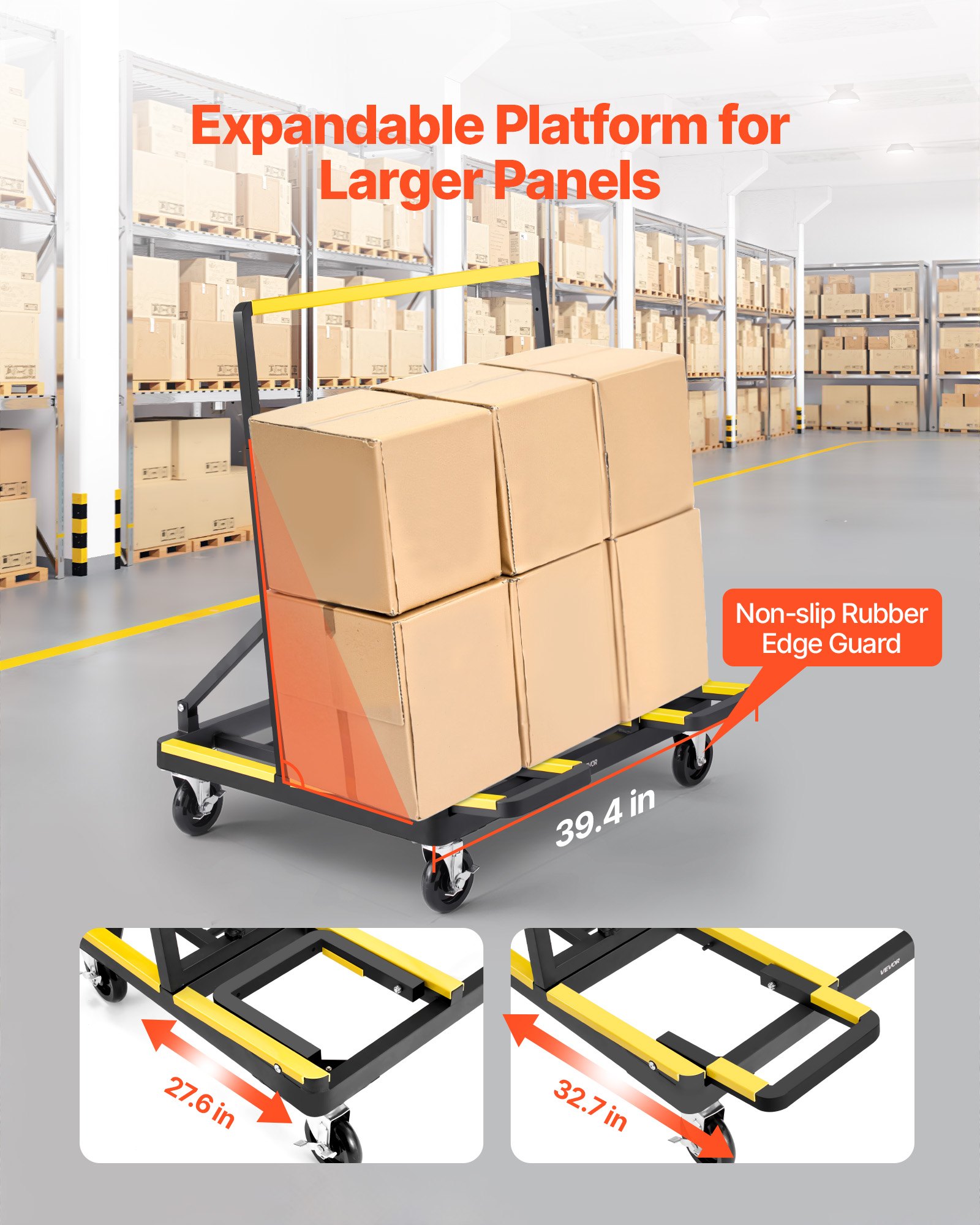 VEVOR Paneelwagen, laadvermogen 816 kg, transportwagen met 4 zwenkwielen en uitschuifbaar laadplatform, opvouwbare paneelwagens met spanband voor het hanteren van multiplex, gipsplaat, glas