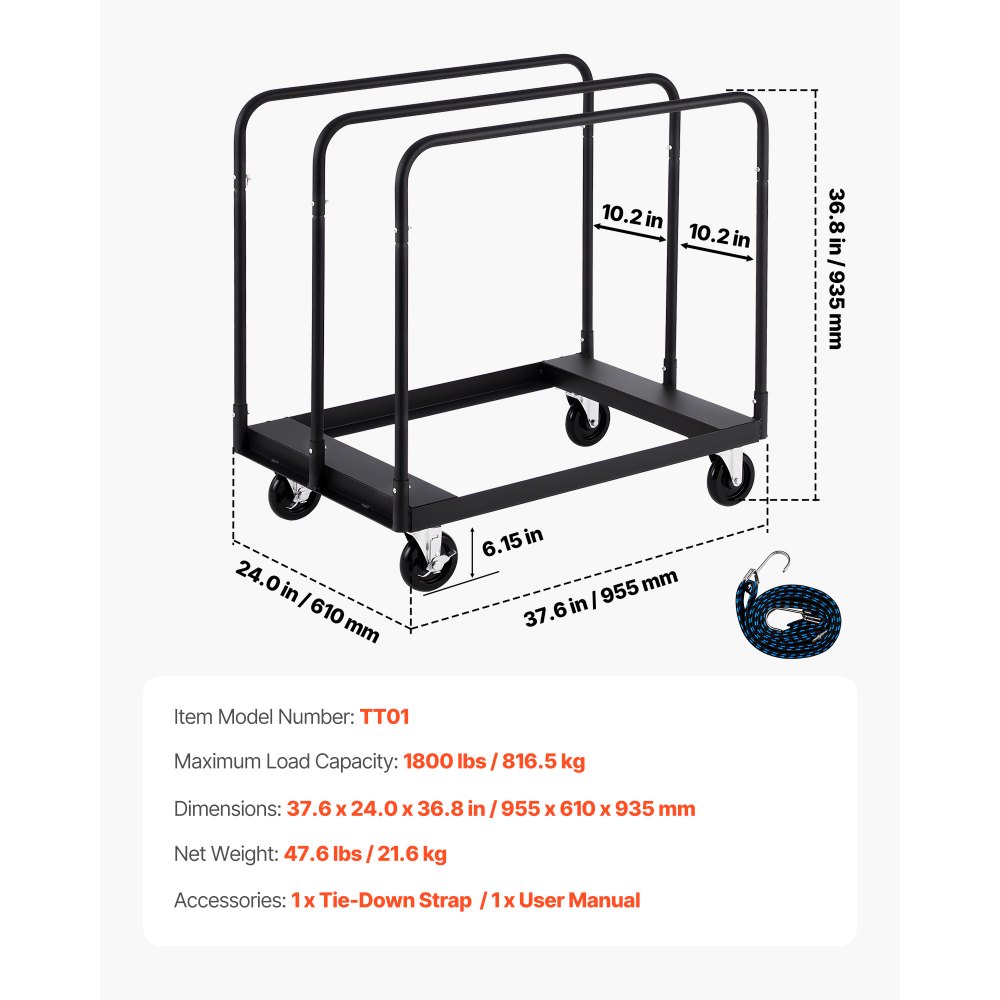 VEVOR Drywall Cart Dolly, 816 kg Load Capacity, Steel Panel Truck Cart with 12.5 mm Swivel Casters, Lumber Drywall Dolly with with Tie-Down Strap & 3 Side Handrails for Factory, Warehouse, Garage, Black