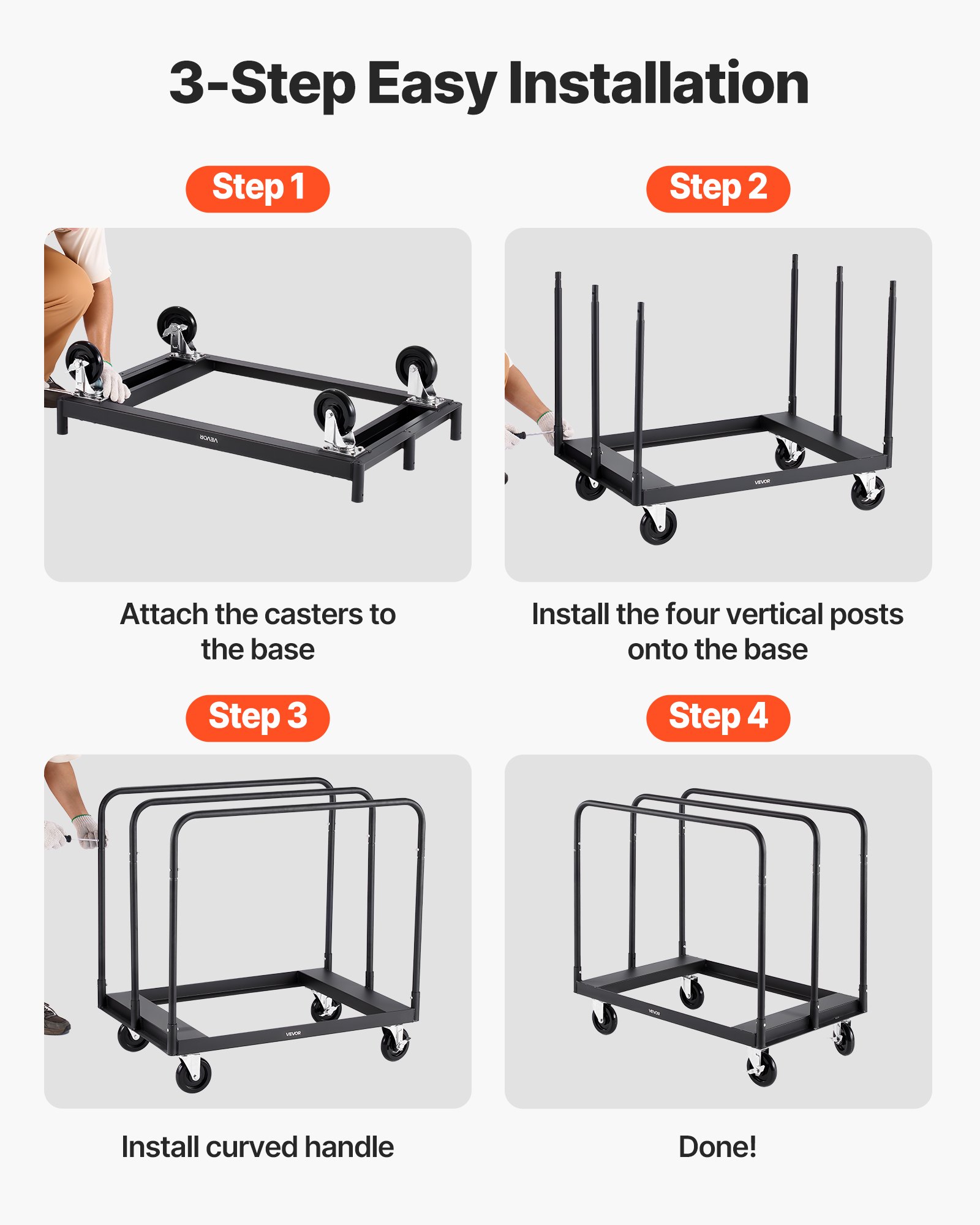 VEVOR Drywall Cart Dolly, 816 kg Load Capacity, Steel Panel Truck Cart with 12.5 mm Swivel Casters, Lumber Drywall Dolly with with Tie-Down Strap & 3 Side Handrails for Factory, Warehouse, Garage, Black
