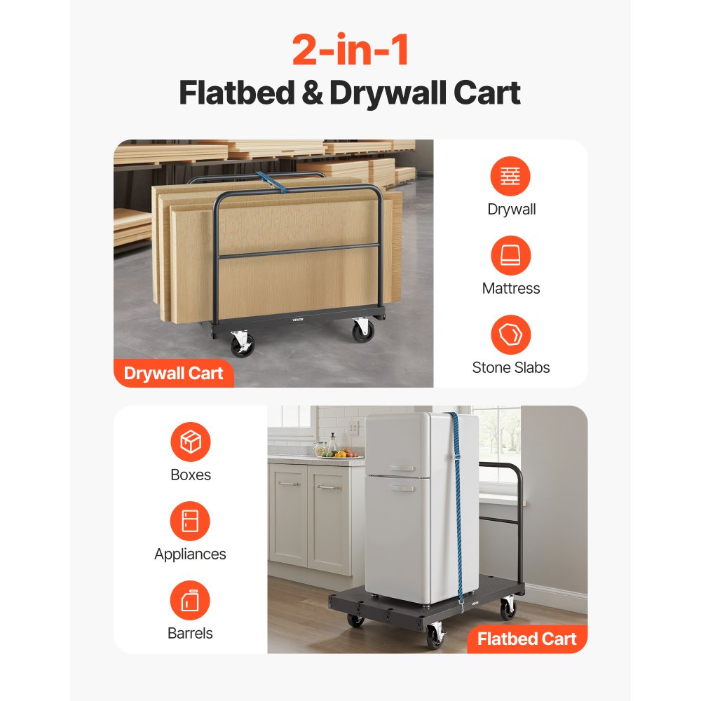 VEVOR Plate Cart, 816 kg laadvermogen, 2-in-1 rolwagen met 360° zwenkwielen, 914 x 610 mm platformwagen met 3 zijleuningen, transporthulpmiddel voor fabriek, magazijn, garage, zwart