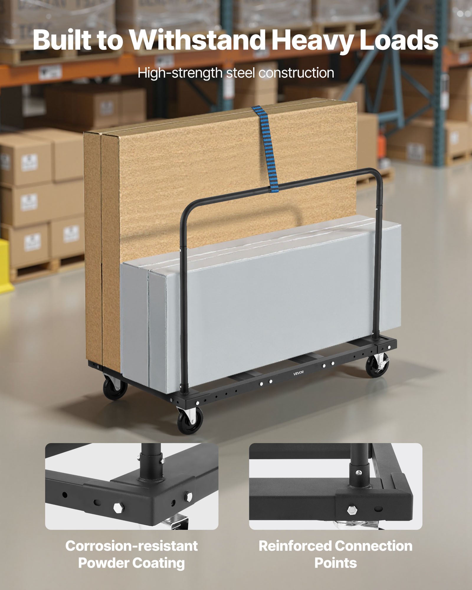 VEVOR Platenwagen, 816 kg, transportwagen met 12,5 mm zwenkwielen, platenrol, buisklemwagen met spanband en 2 zijleuningen, transporthulpmiddel voor fabriek, magazijn, garage, zwart