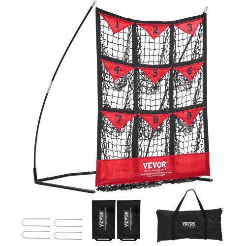 VEVOR werpnet werpdoel met 9 genummerde zakken, honkbal- en softbal werpdoel van polyester, werpnet voor tieners en volwassenen, draagbaar snelmontageontwerp rood