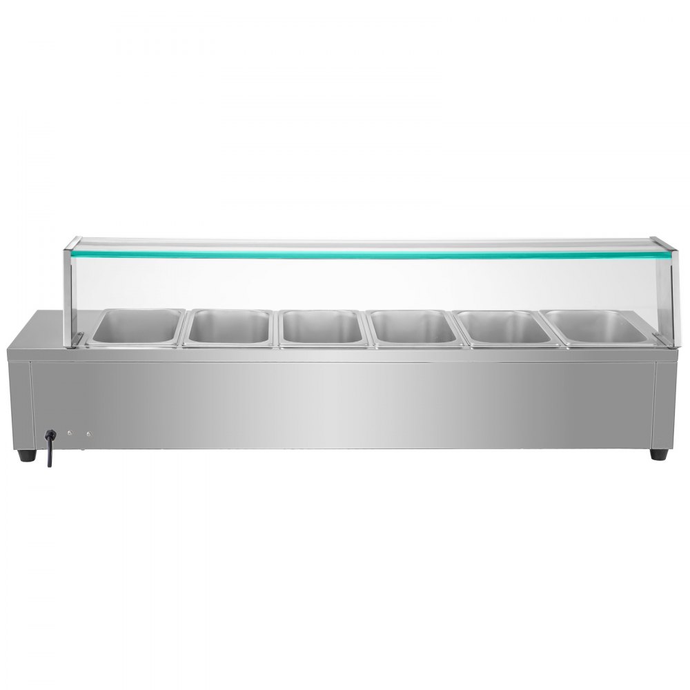 VEVOR Bain Marie Food Warmer 6-Pan, Commercial Food Steam Table 1500W Steam Table Sneeze Guard 6-Inch Deep, Electric Bain Marie Stainless Steel Table Top Commercial with Glass Shield, for Catering