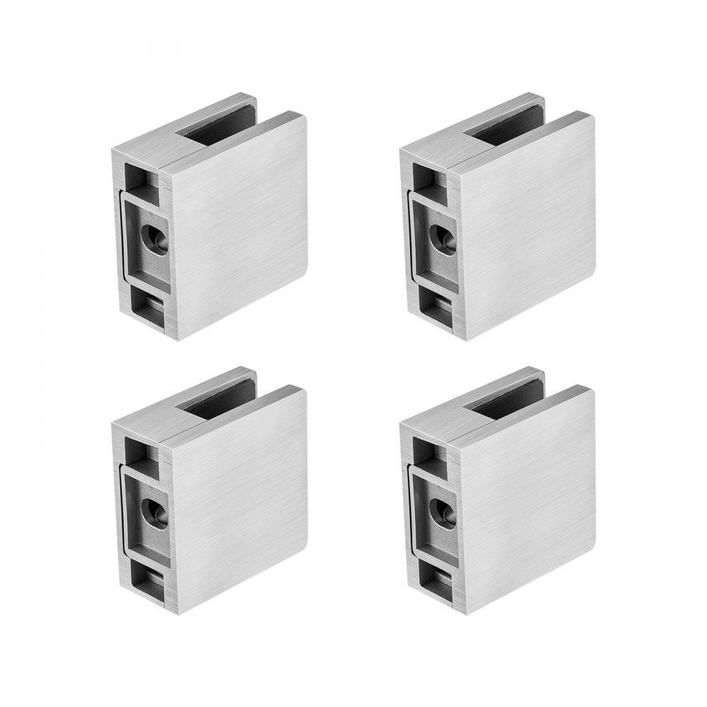 four VEVOR glass clamps in stainless steel finish arranged in a grid formation.