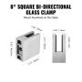 VEVOR glass clamp, square, bi-directional, stainless steel with dimensions and mounting instructions.