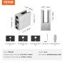 VEVOR glass clamp details with dimensions, rubber pads, hex wrench, round pins, and weight info.