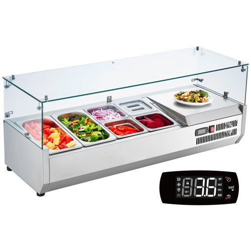 VEVOR Gekoeld kruidenstation op aanrecht, voorbereidingsstation met 2 x 1/3 pan en 6 x 1/6 pannen, 304 roestvrijstalen behuizing en PC-deksel, glazen beschermer voor sandwichbereidingstafel