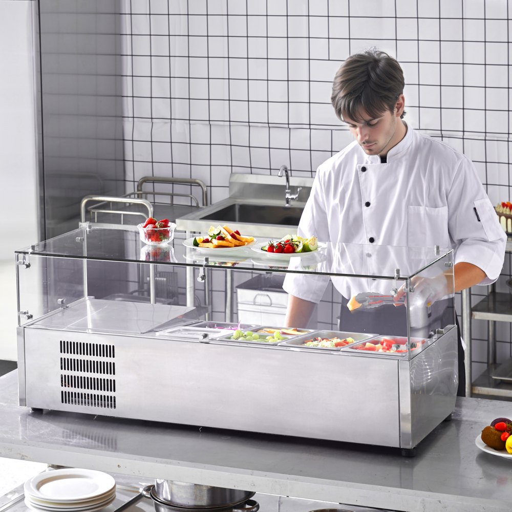 VEVOR Refrigerated Condiment Prep Station, 140 W Countertop Refrigerated Condiment Station, with 2 1/3 Pans & 4 1/6 Pans, 304 Stainless Body and PC Lid, Sandwich Prep Table with Glass Guard, CE