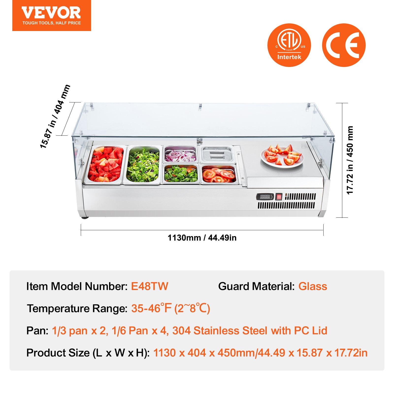 VEVOR Refrigerated Condiment Prep Station, 140 W Countertop Refrigerated Condiment Station, with 2 1/3 Pans & 4 1/6 Pans, 304 Stainless Body and PC Lid, Sandwich Prep Table with Glass Guard, CE