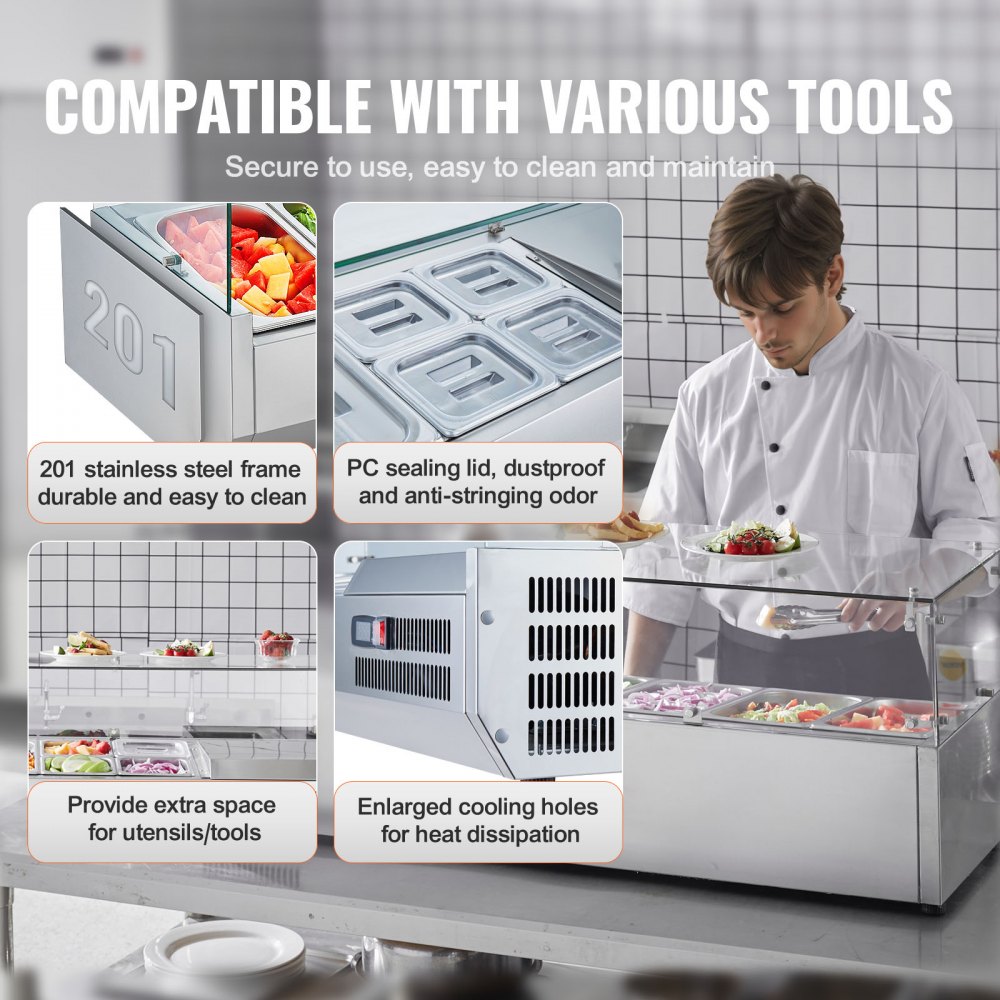 VEVOR Gekoeld aanrechtblad met kruidenstation, voorbereidingsstation met 3 x 1/3 pannen en 4 x 1/6 pannen, behuizing van roestvrij staal 304 en deksel van PC, glasbeschermers voor de bereidingstafel van sandwiches
