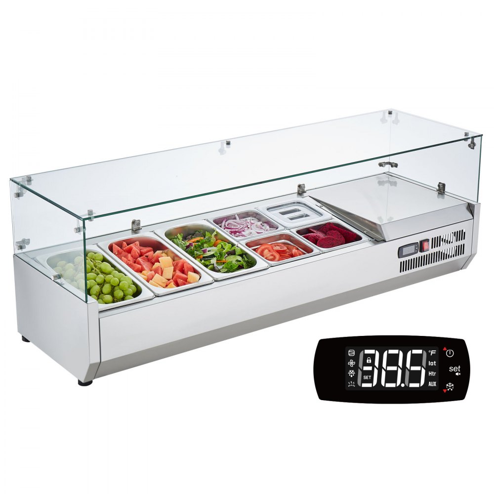 VEVOR Countertop Refrigerated Condiment Station, Prep Station with 3 x 1/3 Pan & 4 x 1/6 Pans, 304 Stainless Steel Body and PC Lid, Sandwich Prep Table Glass Protector