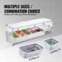 VEVOR Countertop Refrigerated Condiment Station, Prep Station with 3 x 1/3 Pan & 4 x 1/6 Pans, 304 Stainless Steel Body and PC Lid, Sandwich Prep Table Glass Protector