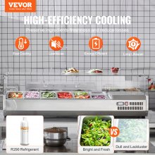 VEVOR Countertop Refrigerated Condiment Station, Prep Station with 4 x 1/3 Pan & 4 x 1/6 Pans, 304 Stainless Steel Body and PC Lid, Sandwich Prep Table Glass Protector 155W