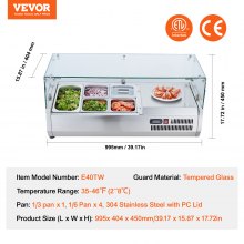VEVOR 140W Countertop Refrigerated Condiment Station with 1 x 1/3 Pan & 4 x 1/6 Pans, 304 Stainless Steel Body & Polycarbonate Lid, Sandwich Prep Table with Glass Guard