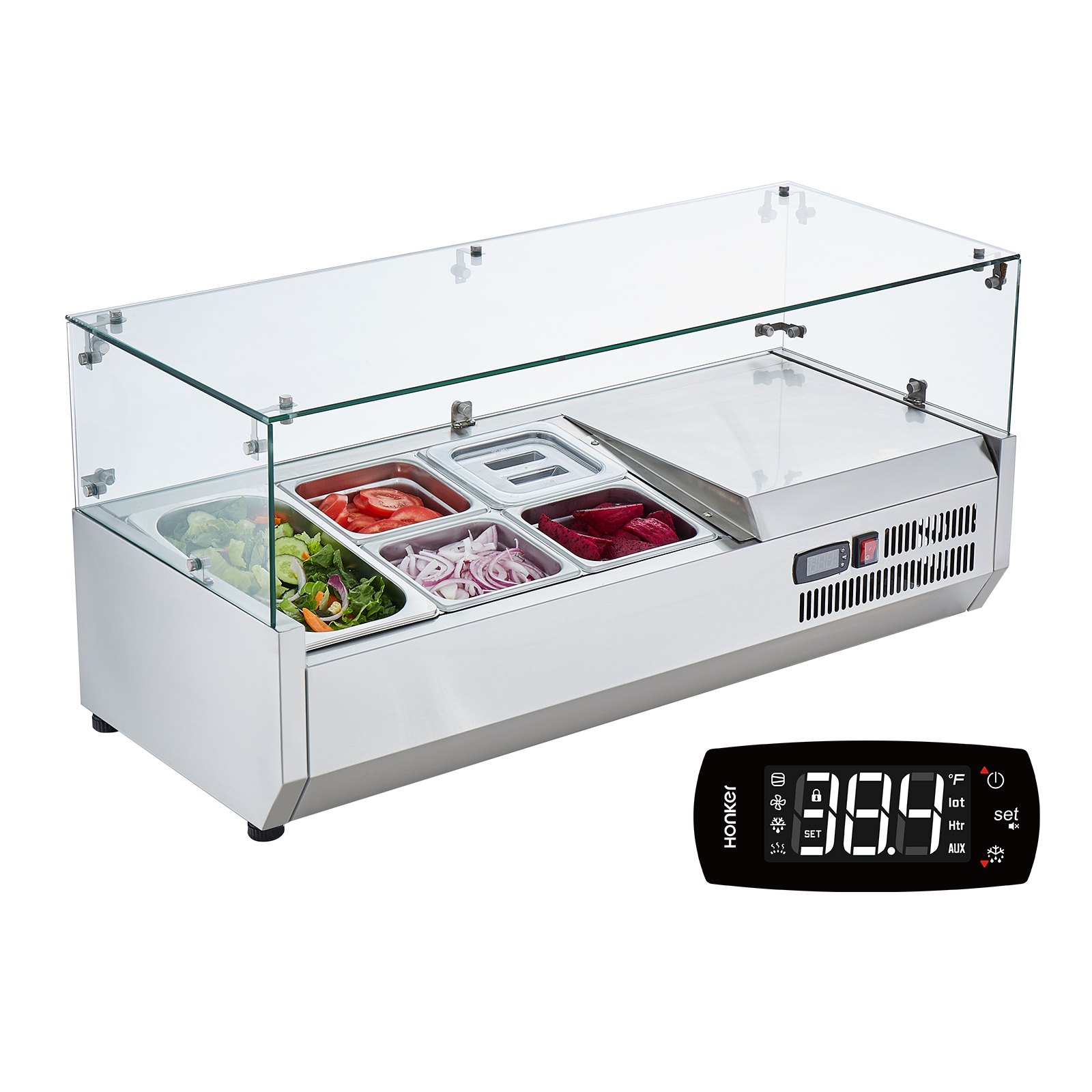 VEVOR Refrigerated Condiment Prep Station, 140 W Countertop Refrigerated Condiment Station, with 1 1/3 Pan & 4 1/6 Pans, 304 Stainless Body and PC Lid, Sandwich Prep Table with Glass Guard, CE