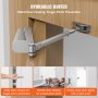 VEVOR door closer on wooden door, highlighting silent closing, finger pinch prevention, and gentle use.