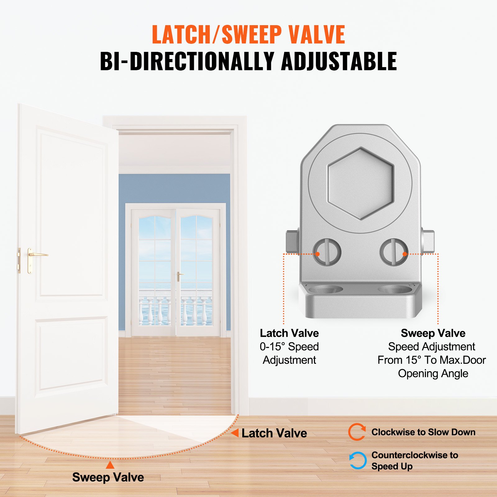 VEVOR deursluiter automatische poortsluiter voor commercieel of particulier gebruik voor deurgewichten tot 68 kg staafdeursluiter met hydraulische buffer behuizing van gegoten aluminium zilver