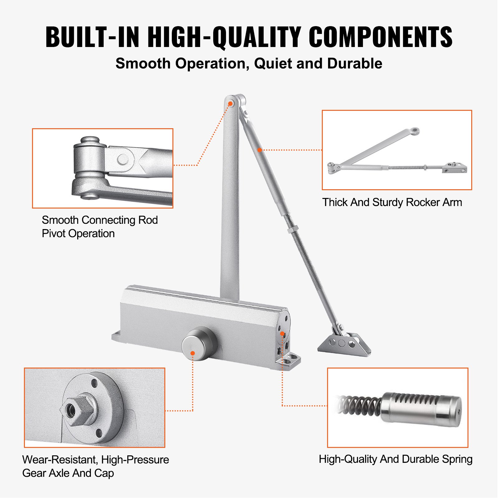 VEVOR Door Closer, Automatic Door Closer Commercial or Residential Use for Door Weights 150 kg, Adjustable Size Hydraulic Buffer Door Closers Heavy Duty Cast Aluminum Body, Easy Install, Silver