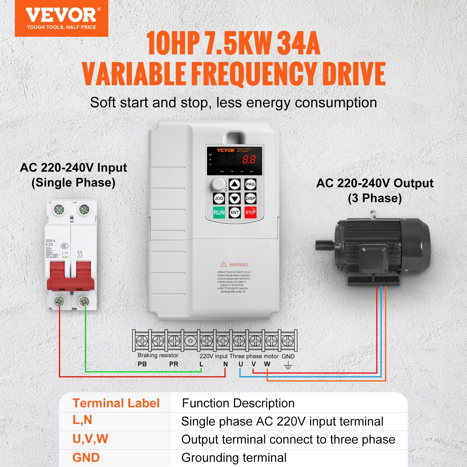 VEVOR frequentieregelaar, frequentieomvormer, omvormer, VFD, 7,5 kW, 34 A, 10 pk, 1-fase 220 V-ingang naar 3-fase 220 V-uitgang, voor snelheidsregeling van driefasemotoren