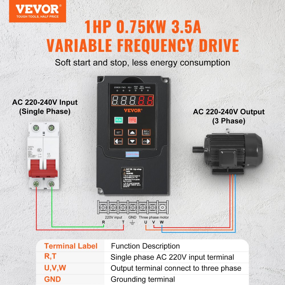 VEVOR VFD 1HP, 0.75KW, 3.5A, 1 or 3 Phase 220V Input to 3 Phase 220V Output Variable Frequency Drive, 40-60Hz Input, 0-400Hz Output VFD for Spindle Motor CNC Speed Control