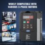 VEVOR variable frequency drive for 3-phase motors, featuring control panel and applications in automation.