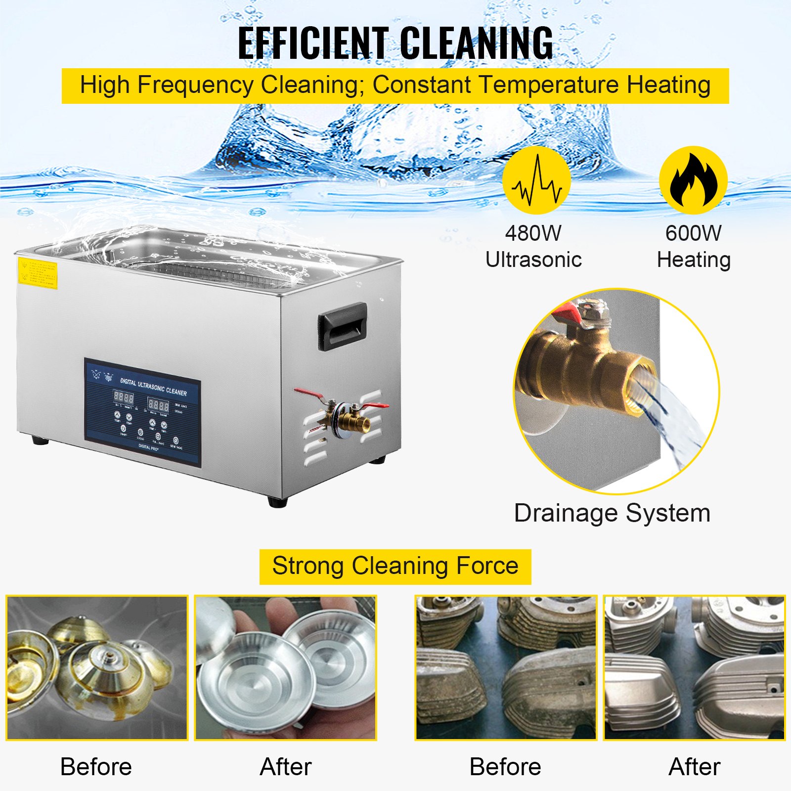 VEVOR 22 L Dual Frequency Ultrasonic Cleaner with Heater for Jewelry Parts, Rings, Glasses, Circuit Boards, Dentures, Registers, Circuit Boards, 28/40 KHz Ultrasonic Cleaning Device