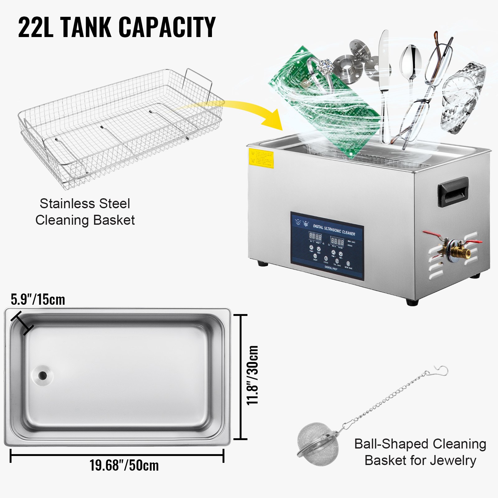 VEVOR 22 L Ultrasone Reiniger met Dubbele Frequentie en Verwarmingselement voor Sieraden, Ringen, Brillen, Tandheelkundige Dossiers, 28/40 kHz Ultrasoon Reinigingsapparaat