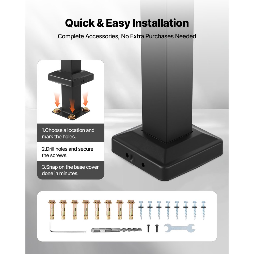 VEVOR Buitentrapleuning, 2-3 treden, in hoogte verstelbaar, overgangsleuning van koolstofstaal met montageset, buitenleuning voor treden, betonnen of houten trappen, veranda, matzwart