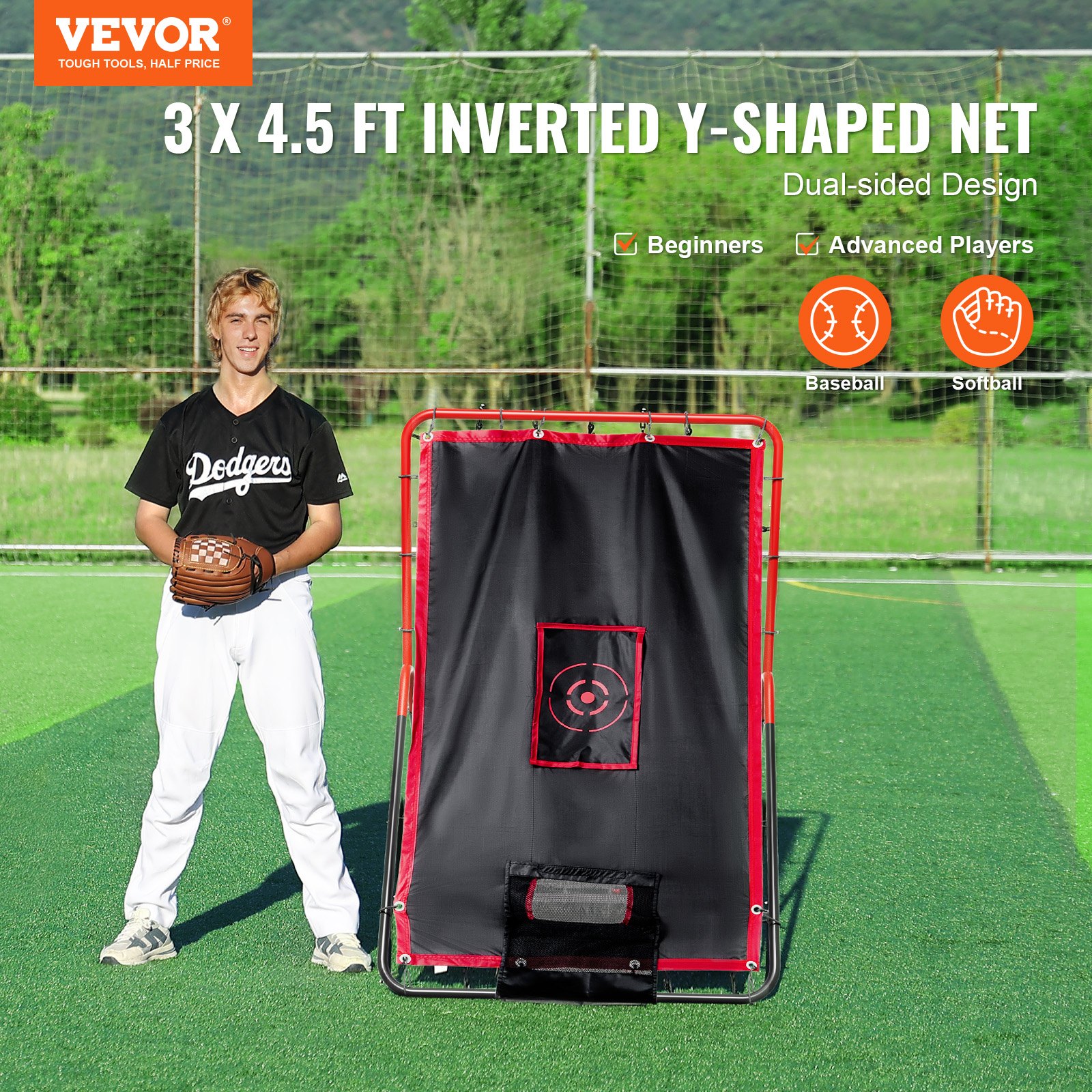 VEVOR Baseball en Softball Rebounder Net, 3,5 x 4,5 ft 2-in-1 Switch Hitter Pitch Trainer, PitchBack Baseball Pitching Return Trainer Nest, Bounce Back Net voor Fielding/Gooien Oefening