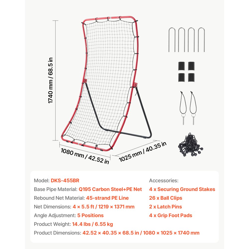 VEVOR honkbal- en softbalreboundnet 1080x1025x1740 mm, reboundnet voor honkbal- en softbaltraining, met 5 hoeken, Q195 stalen frame, gebogen PE-net, 4 grondankers en opvouwbaar ontwerp.