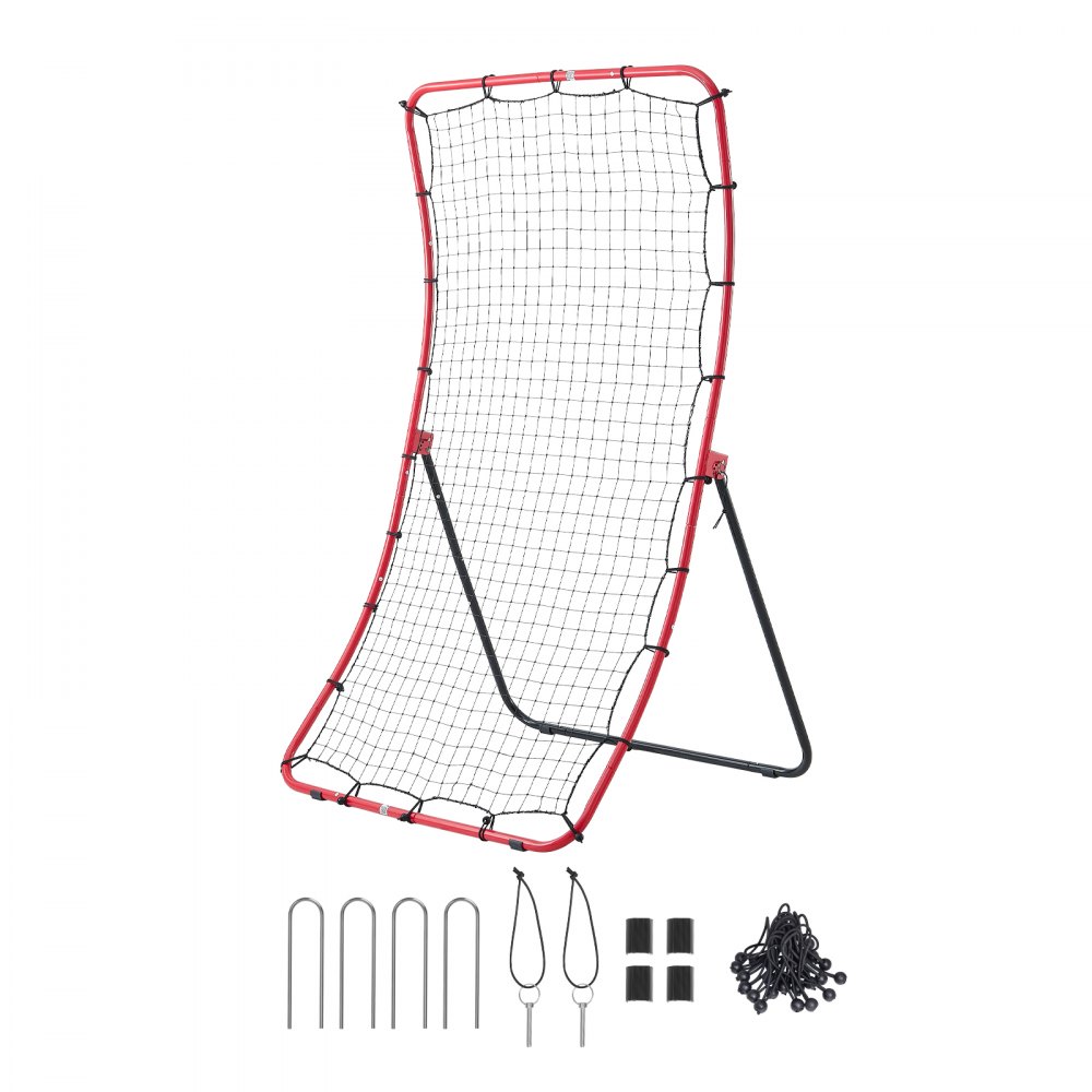 VEVOR honkbal- en softbalreboundnet 1080x1025x1740 mm, reboundnet voor honkbal- en softbaltraining, met 5 hoeken, Q195 stalen frame, gebogen PE-net, 4 grondankers en opvouwbaar ontwerp.