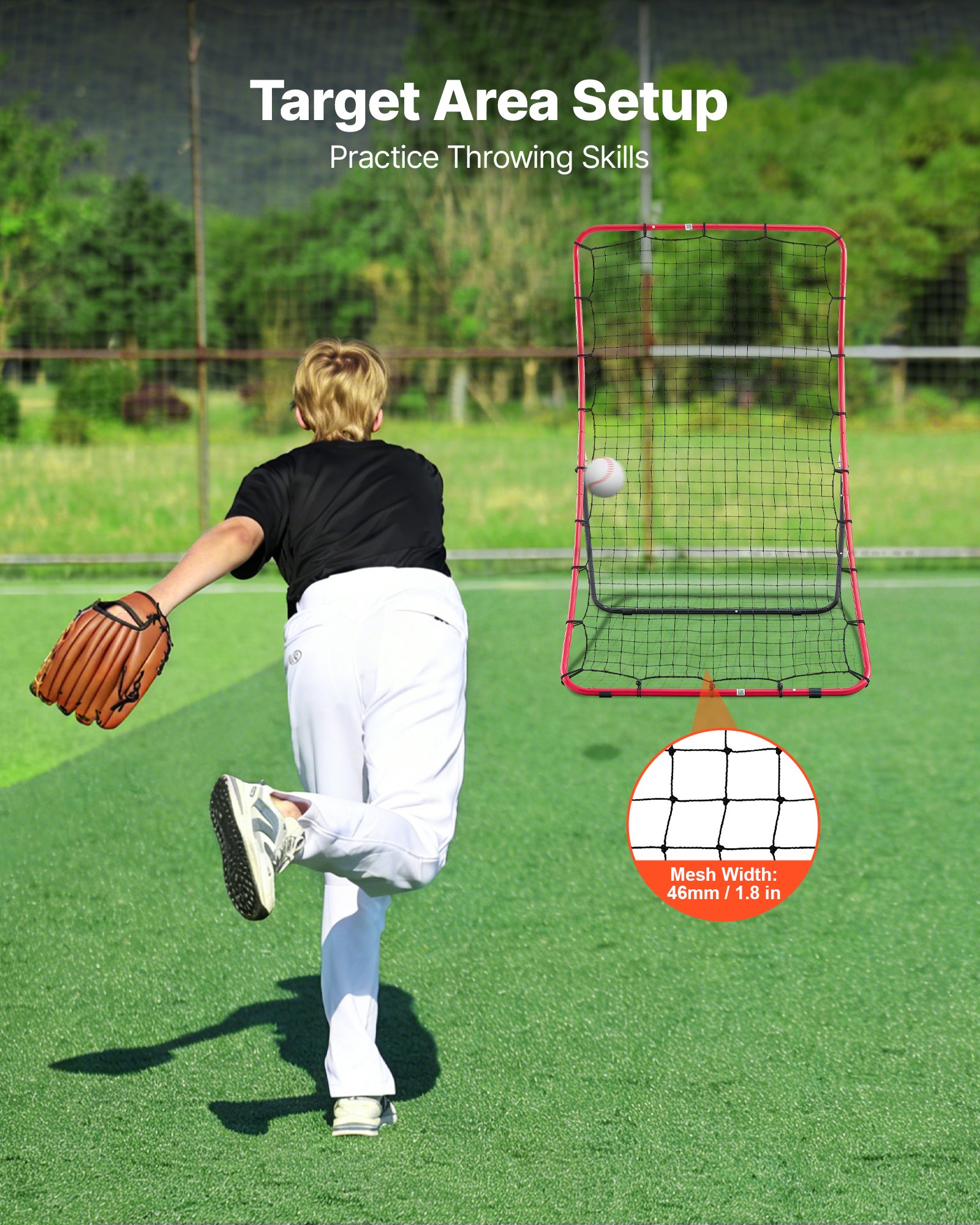 VEVOR honkbal- en softbalreboundnet 1080x1025x1740 mm, reboundnet voor honkbal- en softbaltraining, met 5 hoeken, Q195 stalen frame, gebogen PE-net, 4 grondankers en opvouwbaar ontwerp.