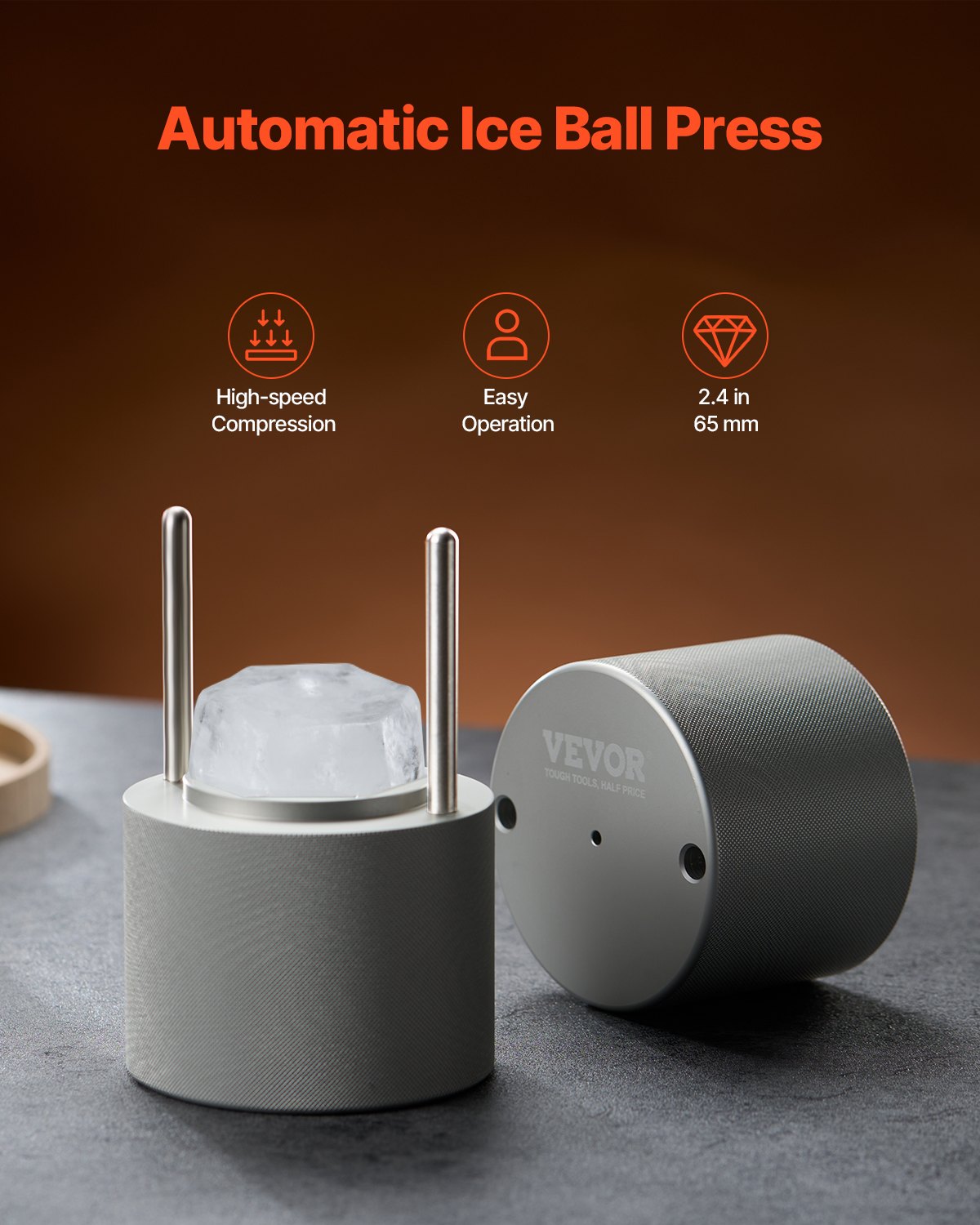 VEVOR Ice Press Ice Ball Maker Set 65 mm Ice Ball IJsblokvorm Gemaakt van luchtvaartaluminium met tang en lekbak, Diamond Ice Ball Maker voor Whisky Cocktail Bourbon Scotch op Feesten en op Vakantie